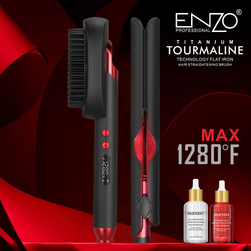 Titanium Flat Iron & Straightening Brush Set -4pcs